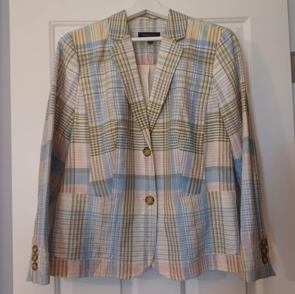 Talbots Linen Cotton Blend Pastel Plaid Blazer EUC